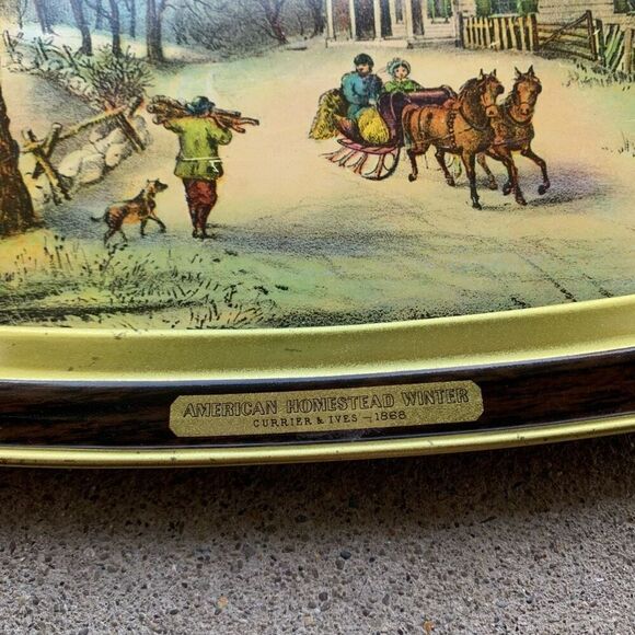 Currier & Ives American Homestead Winter Vintage Metal Tray - Picture 2 of 6